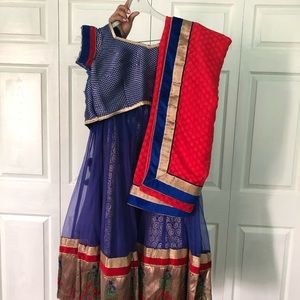 Navy & Gold Lengha / Chaniya Choli with Red Dupata
